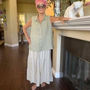 FLAX 100% Linen Tiered Maxi Skirt Butter Yellow and‎ Sage Striped